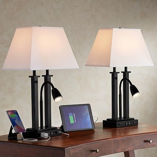 Possini Euro Design Deacon - Juego de 2 lámparas de escritorio modernas industriales de 26 pulgadas de alto, puerto USB, salida de corriente