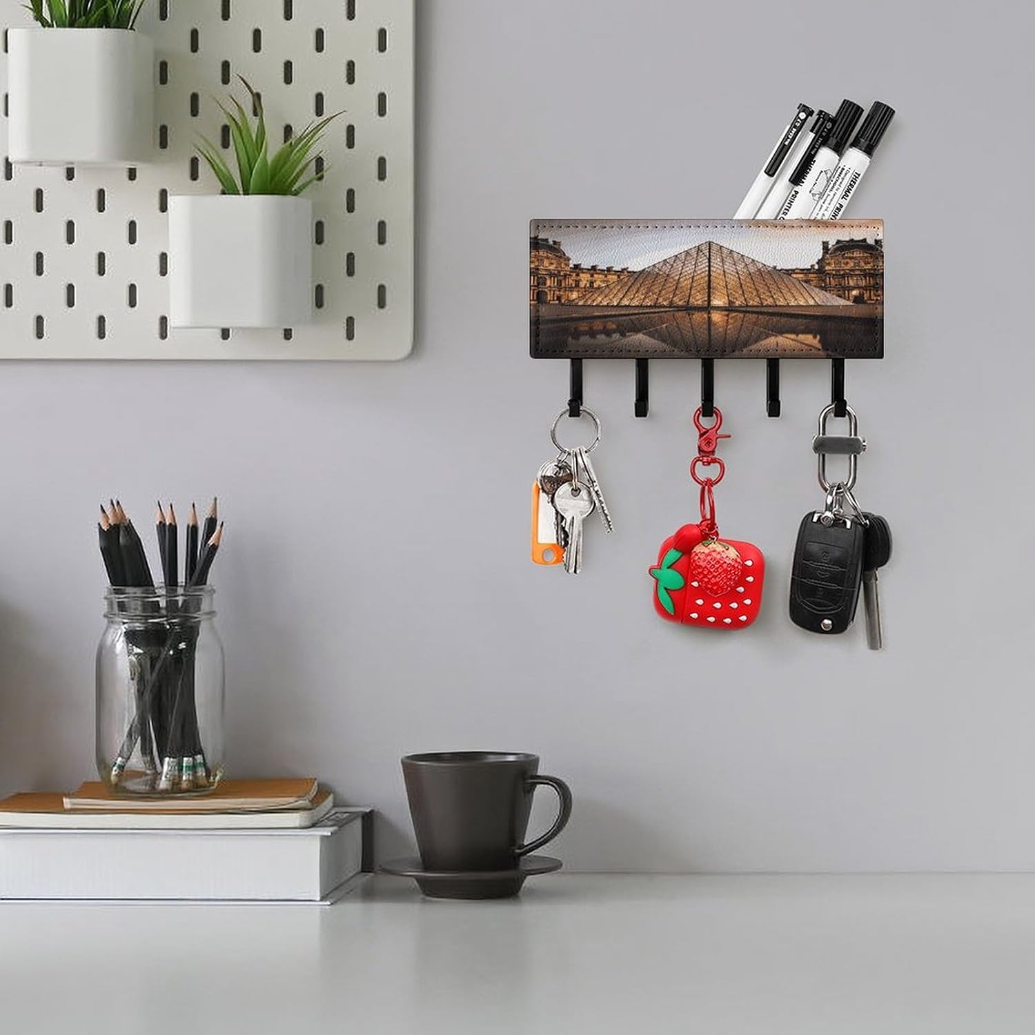 PU Leather Key Holder Wall Mount Key Organizer, Decorative Adhesive Key Rack with 5 Key Hooks, Fashion Louvre Museum in Paris Key Hanger Decor for Entryway Door Bathroom Kitchen Hallway
