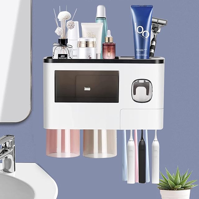 Wall Mounted Toothbrush Holder Set with 2 Cups, No Drilling Automatic Toothpaste Dispenser, 6 Toothbrush Compartments for Kids and Adults, with Cosmetic Organiser Drawer (Black-2 Cups)