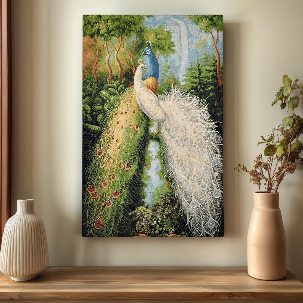 Elegant Peacock Vertical Woven Tapestry Wall Hanging with Lining and Rod Pockets for Bedroom Living Room Home Aesthetic - Nature Art Decor (27"W x 42"H)