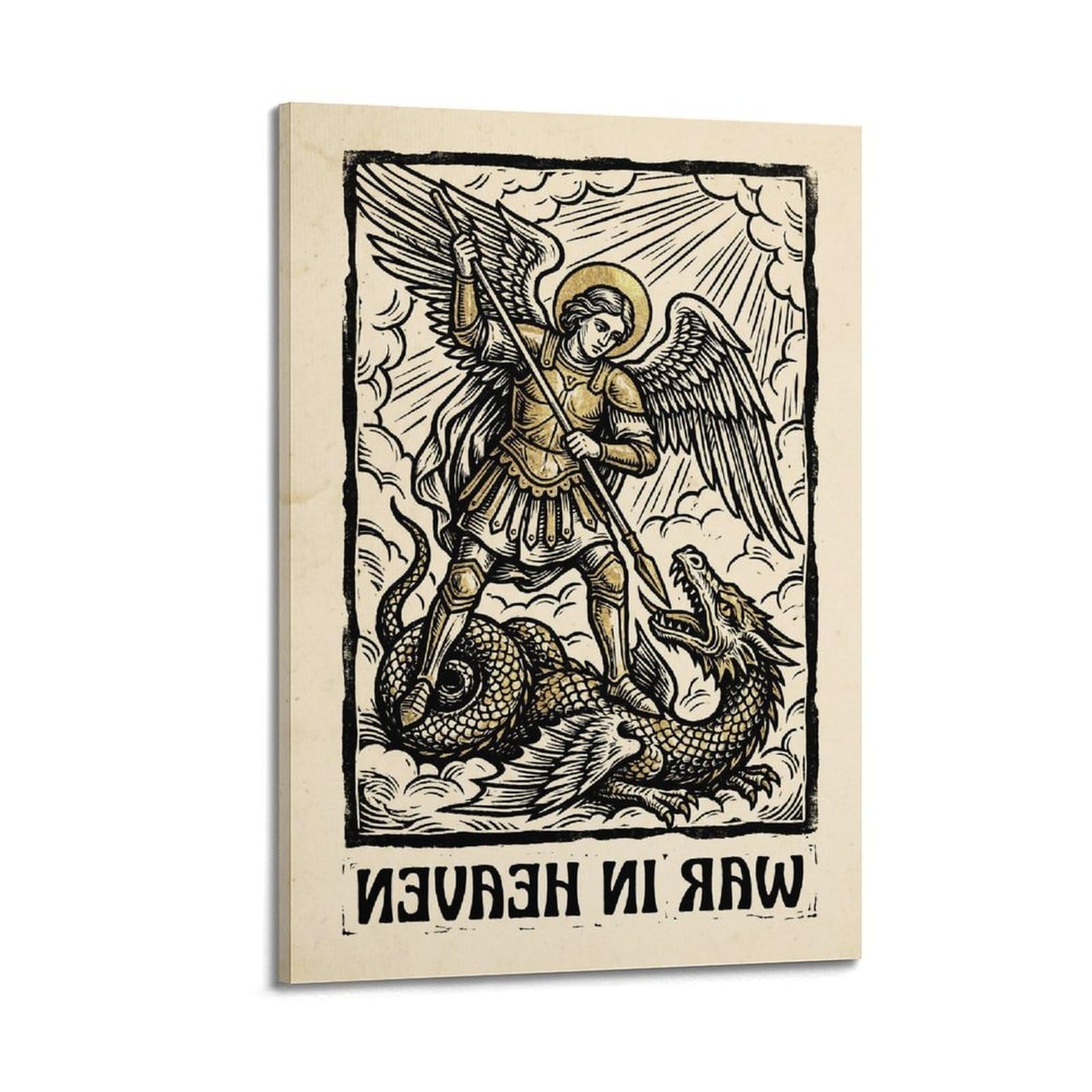XKUGA St Michael Archangel Poster Satan Dragon Holy Sword Battle Faith Modern Decorative Canvas Prints - Ideal Wall Art for Family, Man Cave, Game Room, Boys & Girls Bedroom 20x30inch(50x75cm)