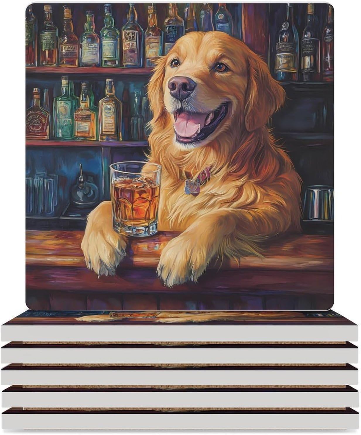 Retriever Dog Humor Bar Coasters for Drinks Square Table Coasters Set Cup Mats with Cork Base