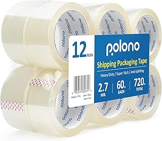 POLONO Clear Packing Tape, 12 Rolls Heavy Duty Packing Tape for Moving Boxes, 2.7 mil, 1.88" x 60 Yd, Total 720Y, Clear Packing Tape Refill for Shipping, Moving, Mailing and Storage, 3" Core