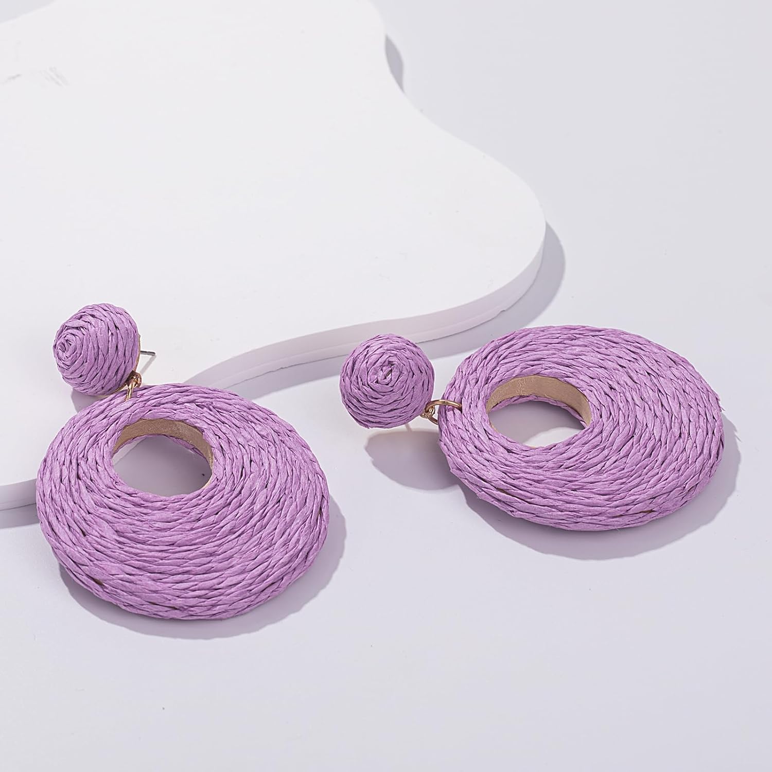 Boho Raffia Statement Circle Earrings - Cute Round Dangle Summer Handmade Rattan Jewelry for Women - Lightweight - Image 9