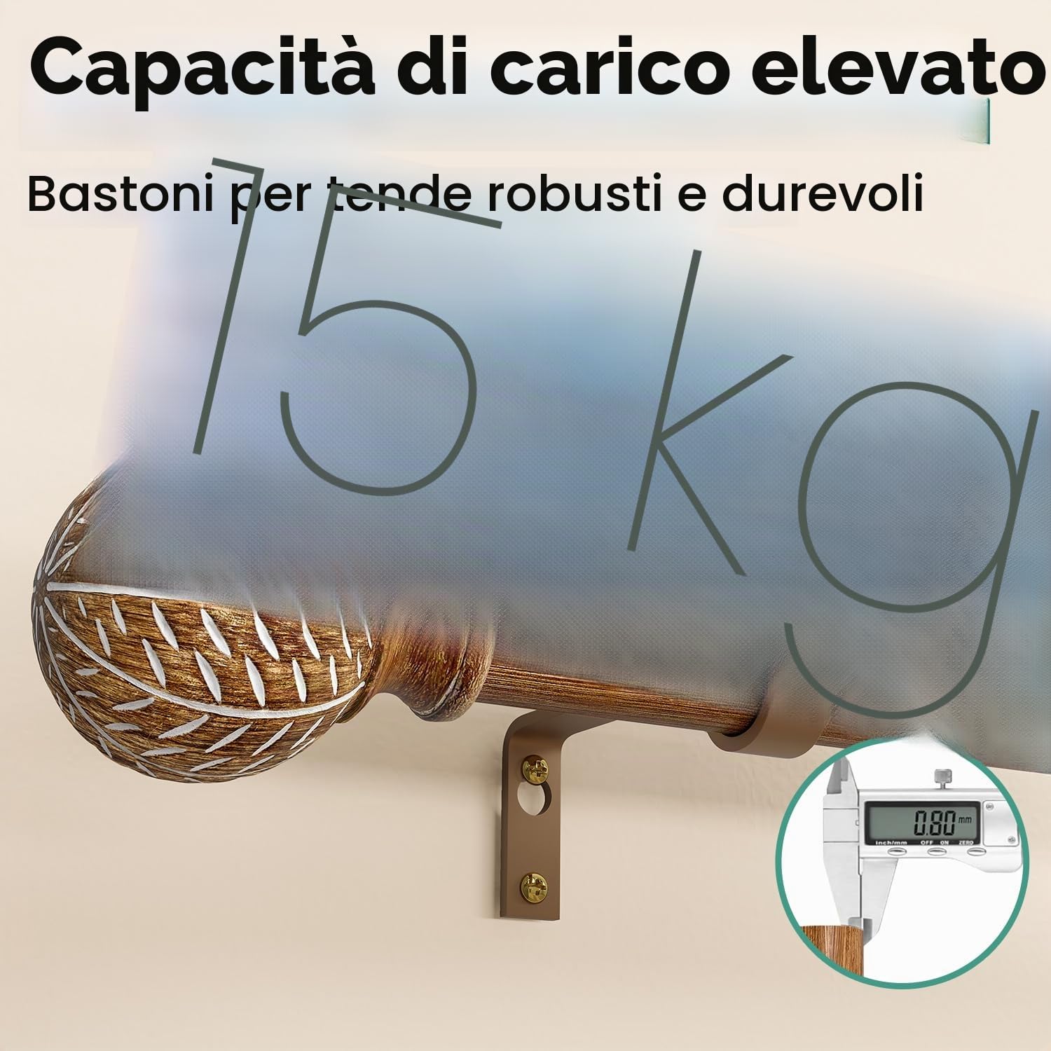 Bastone per tende per finestre, regolabile, in legno, 80-218 cm, 2,54 cm, resistente con finiture in finto legno con foglie, stile rustico Boho, colore legno naturale