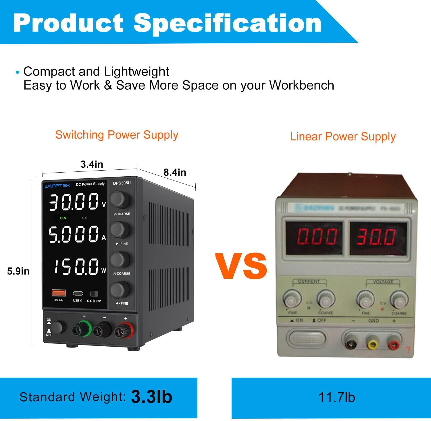DC Power Supply Variable, Adjustable Switching Regulated Power Supply with Encoder Coarse & Fine Adjustments Knob, Bench Power Supply with USB & Type-C Quick-Charge Interface (Encoder knob, 30V 5A)