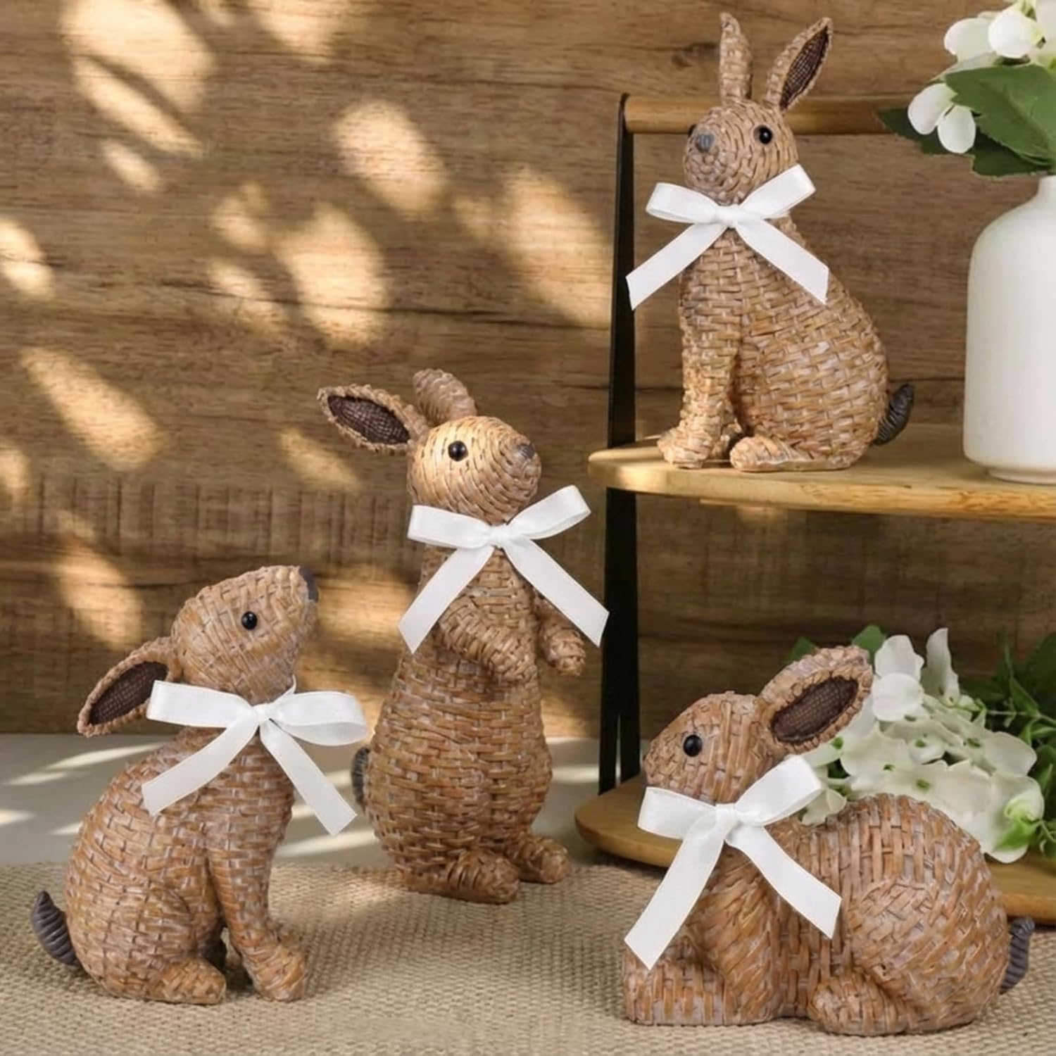 Amazon.com: Threehoney 4 Pcs Rattan Bunny Figurines Easter Decorations ...