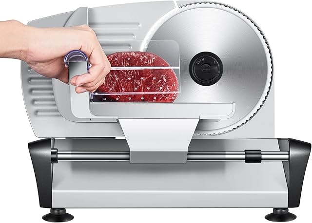 Meat Slicer Machine for Home, HOUSNAT Electric Bread Slicer with Removable Stainless Steel Blade and Food Pusher, Safety Switch, 0-15mm Thickness Adjustment, for Meat, Cheese, Bread