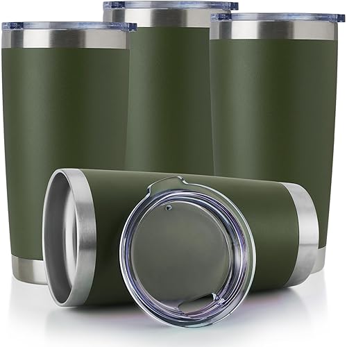 DOMICARE 20oz Stainless Steel Tumbler Bulk with Lid, Double Wall Vacuum Insulated Travel Mug, Powder Coated Coffee Cup (Army Green, 4)