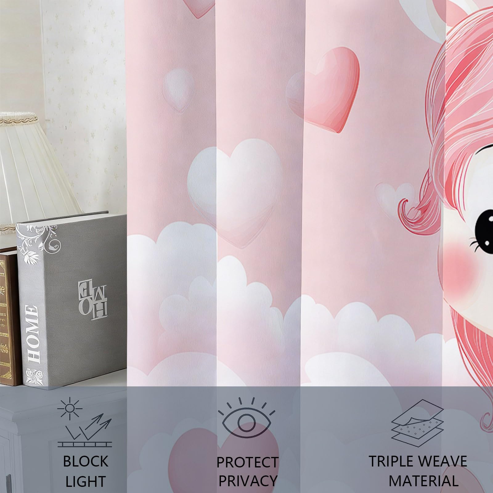 Rideau Occultant Thermiques Anti Froid Licorne Dessin Animé Nuages Cœur, 117 x 229 cm(LxH), Rideau Isolant Anti-Bruit, Économie d'Énergie, Idéal pour Chambre d'Enfant Jardin d'Enfants, Rose, 2 Pièces