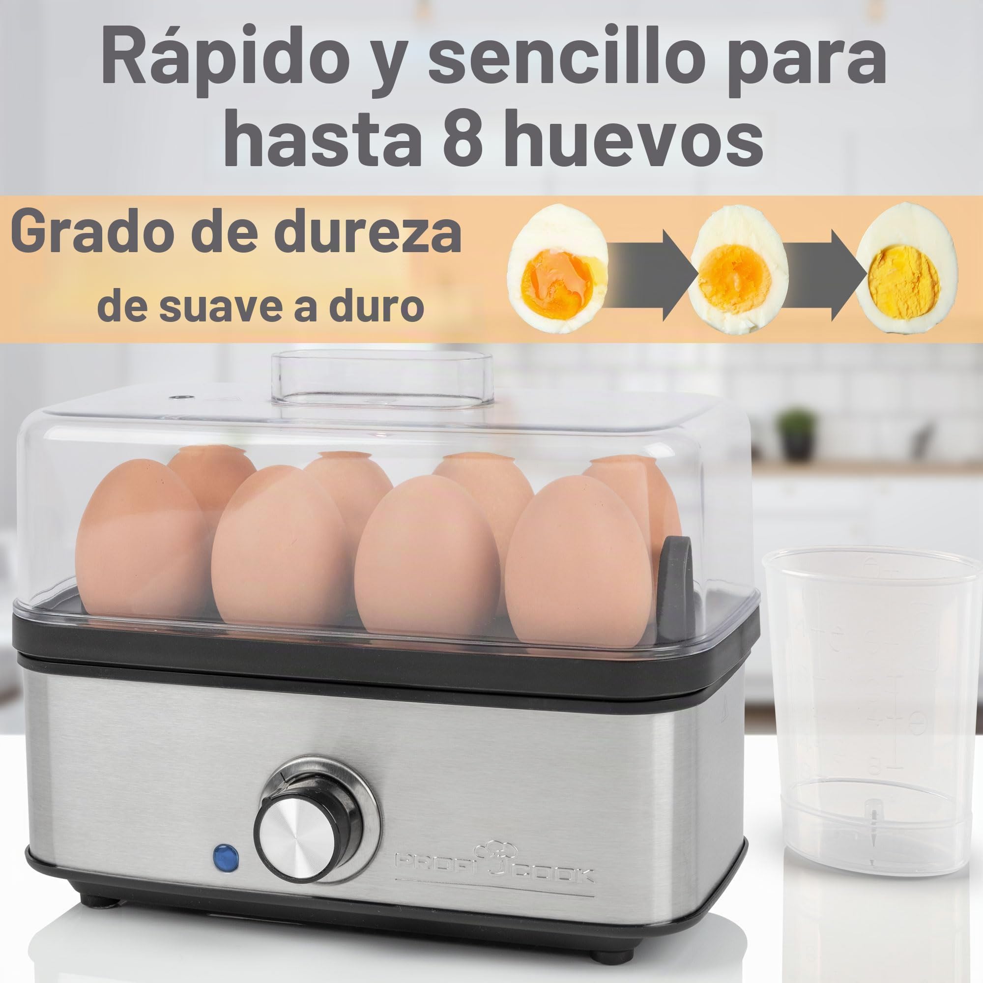 Cocedor de huevos ProfiCook® para hasta 8 huevos | función tortilla/picado | soporte para huevos y vaso medidor con recogedor de huevos | con indicador luminoso y zumbador | PC-EK 1275
