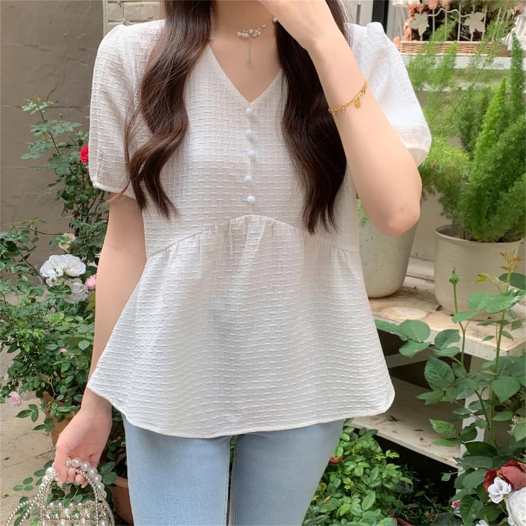 Camicetta da donna casual con volant a maniche corte estiva con scollo a V