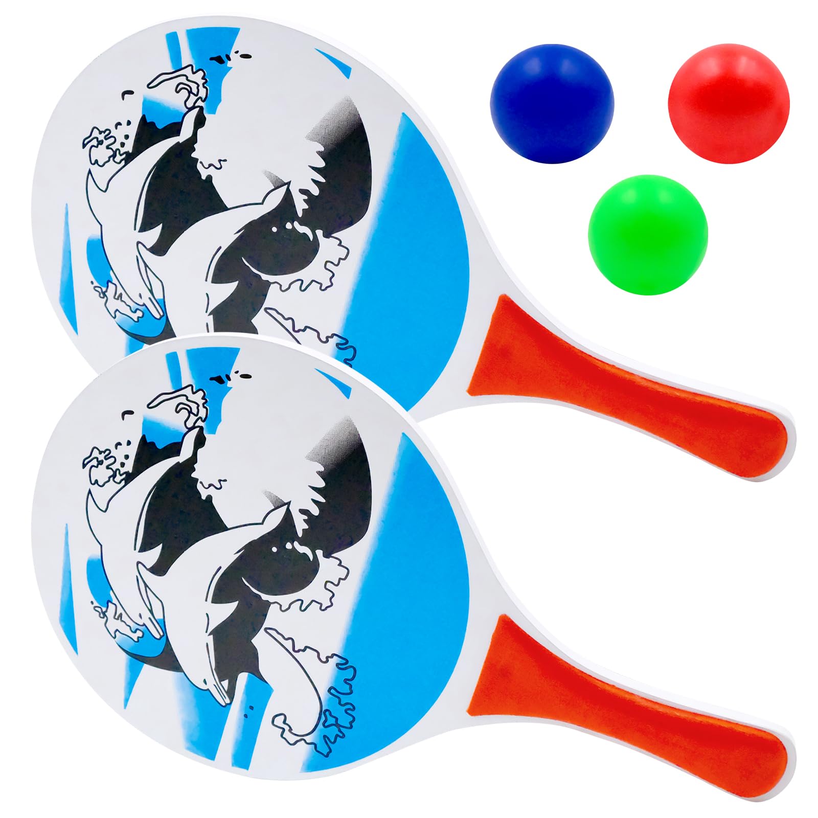 Beach Bat and Ball Set with Palm Tree Design, 2 Wooden Rackets & 3 Balls, Portable Beach Paddle Bat for Garden Park Fun Backyard Play Outdoor Game