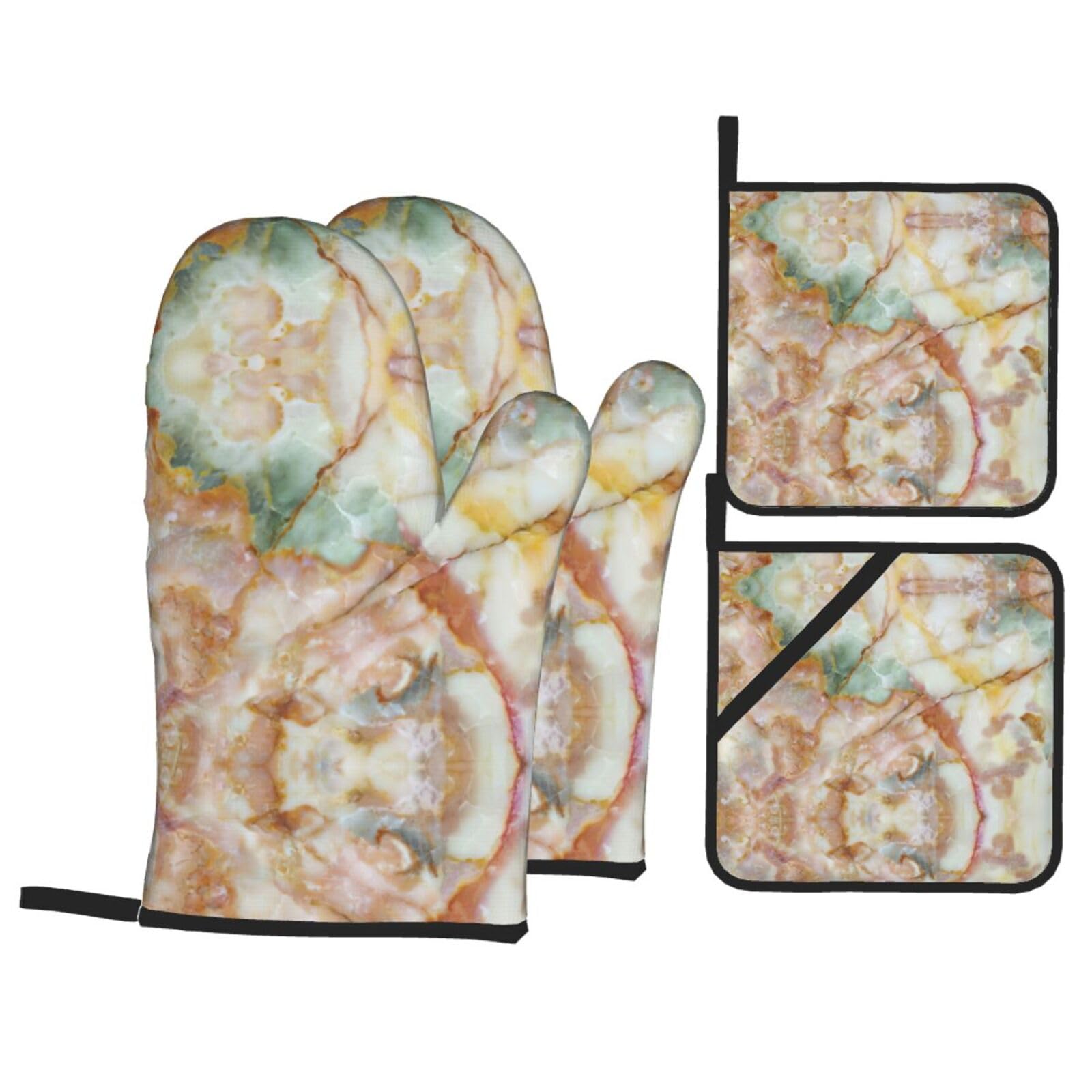Golden Marble Print Stylish 4-Piece Microwaving Oven Waterproof Kitchen Gloves Baking Holiday Cooking