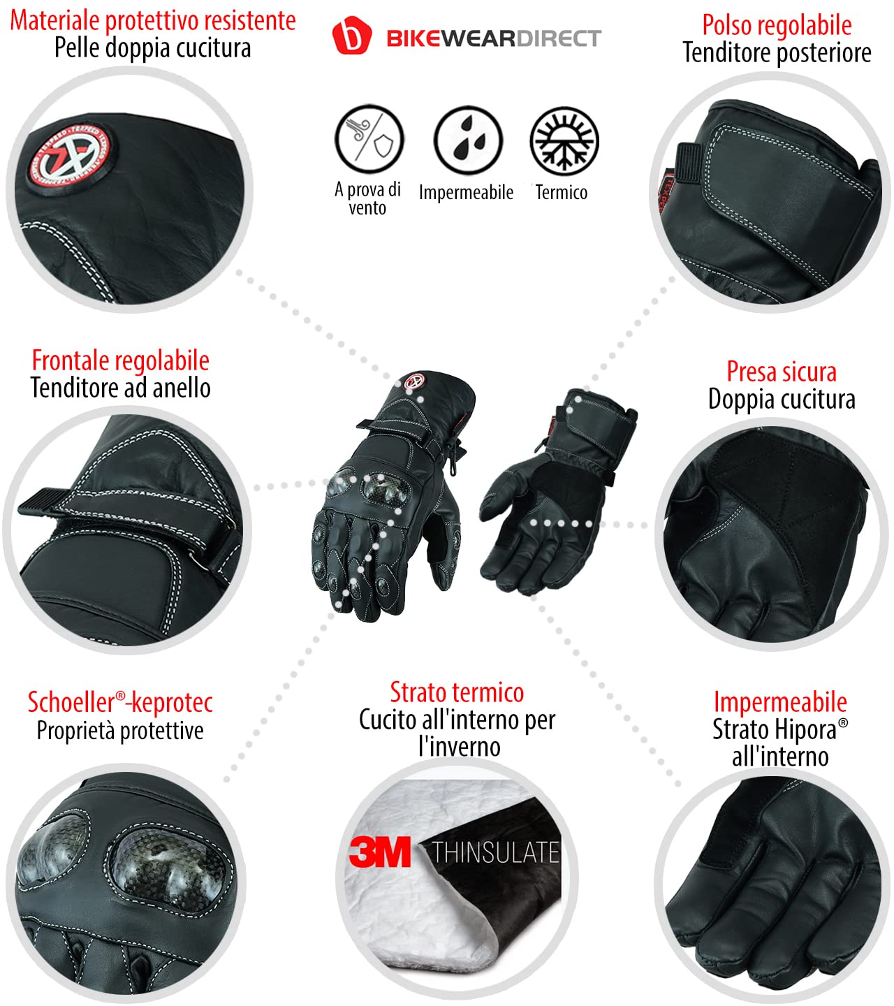 Texpeed Guanti Vera Pelle Moto Uomo - Guanti Da Ciclomotore Impermeabili Con Armatura CE - Inverno o estate - Nero - Polsino lungo - S