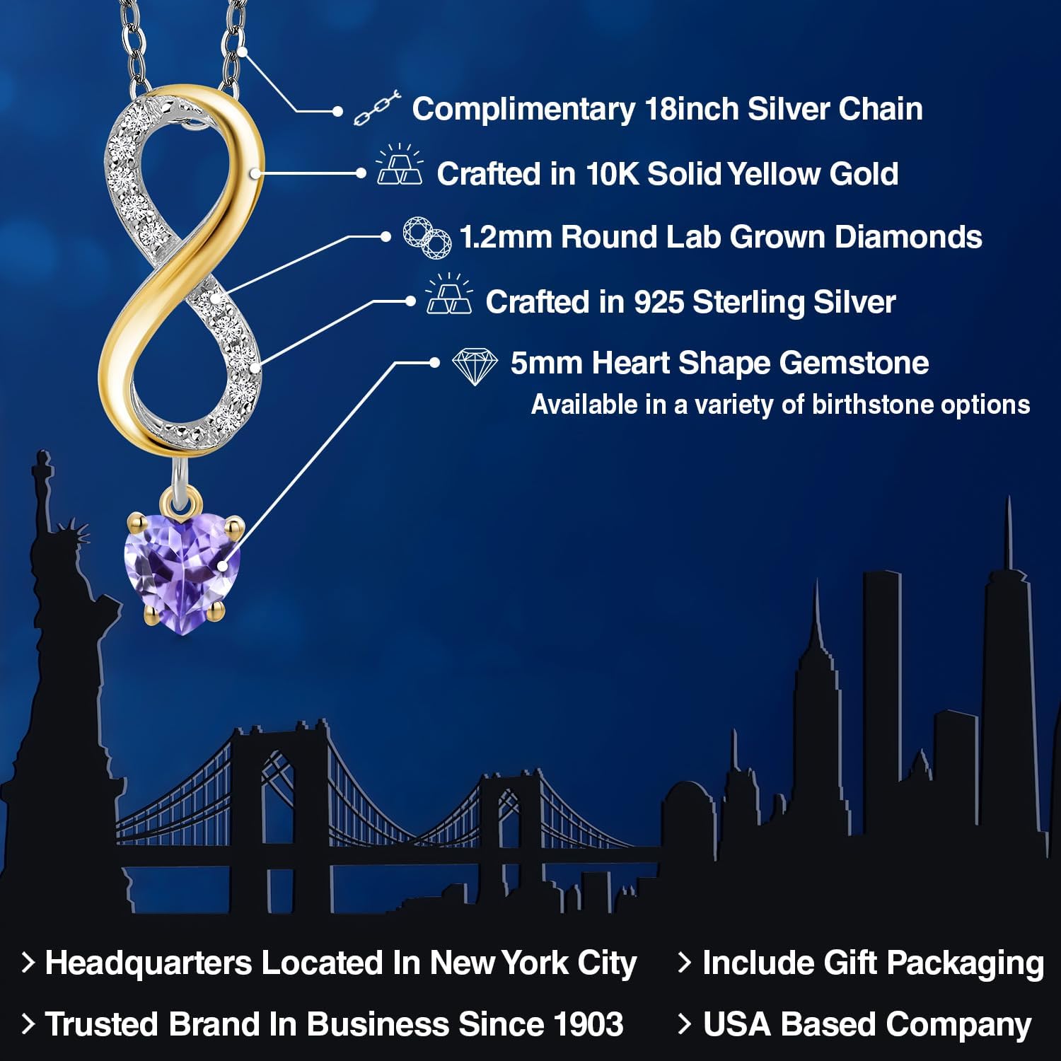 Gem Stone King 925 Silver and 10K Yellow Gold Blue Tanzanite and Lab Grown Diamond Pendant Necklace for Women | 1.08 Cttw | Gemstone December Birthstone | Heart Shape 5MM | With 18 Inch Silver Chain - Image 2