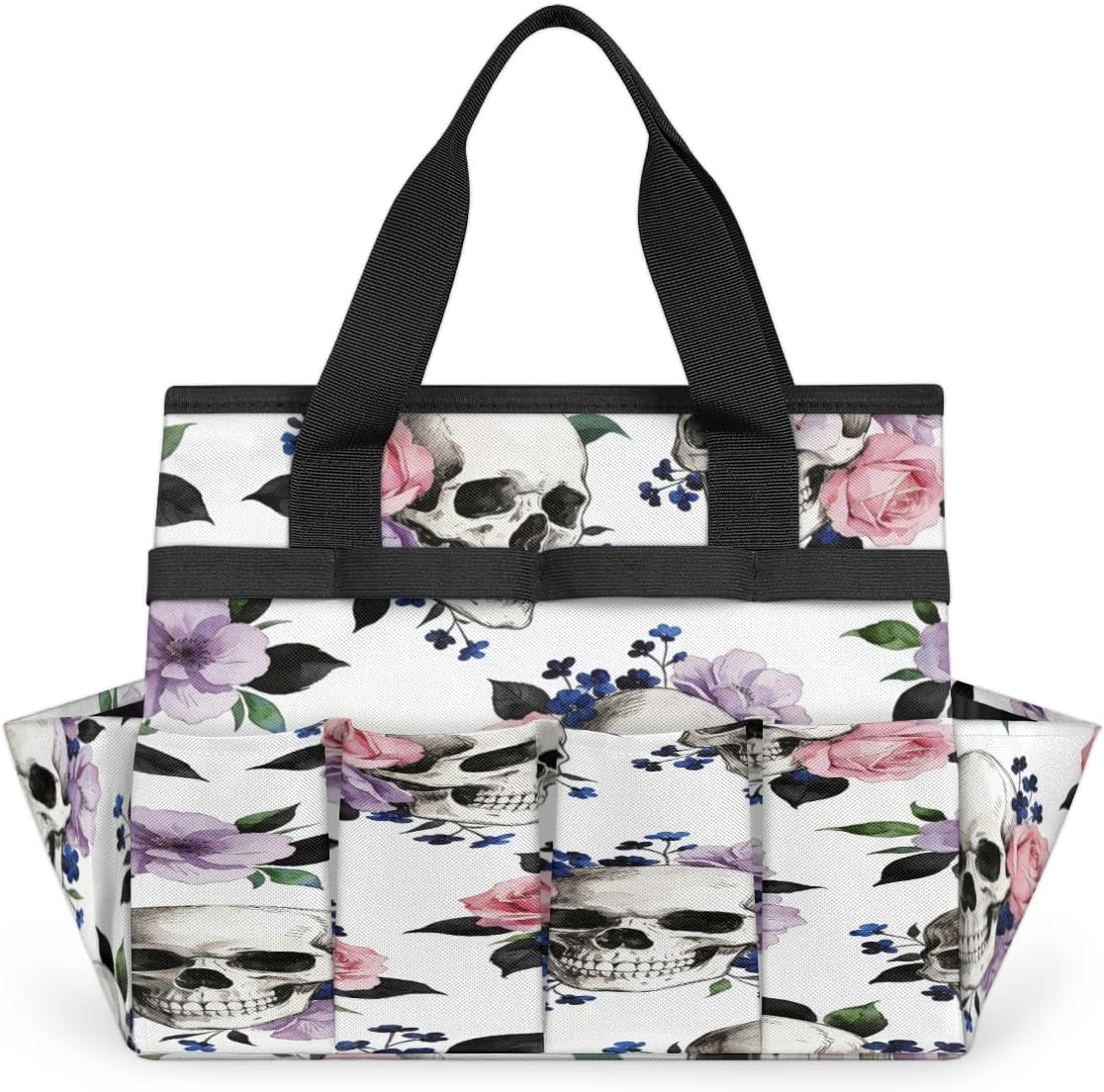 Flower skull Garden Tool Bag, Heavy Duty Gardening Tote Bag with 10 Pockets,Standable Garden Home Tool Kits Organizer,Gardening bag for women Men Indoor and Outdoor Gardening.