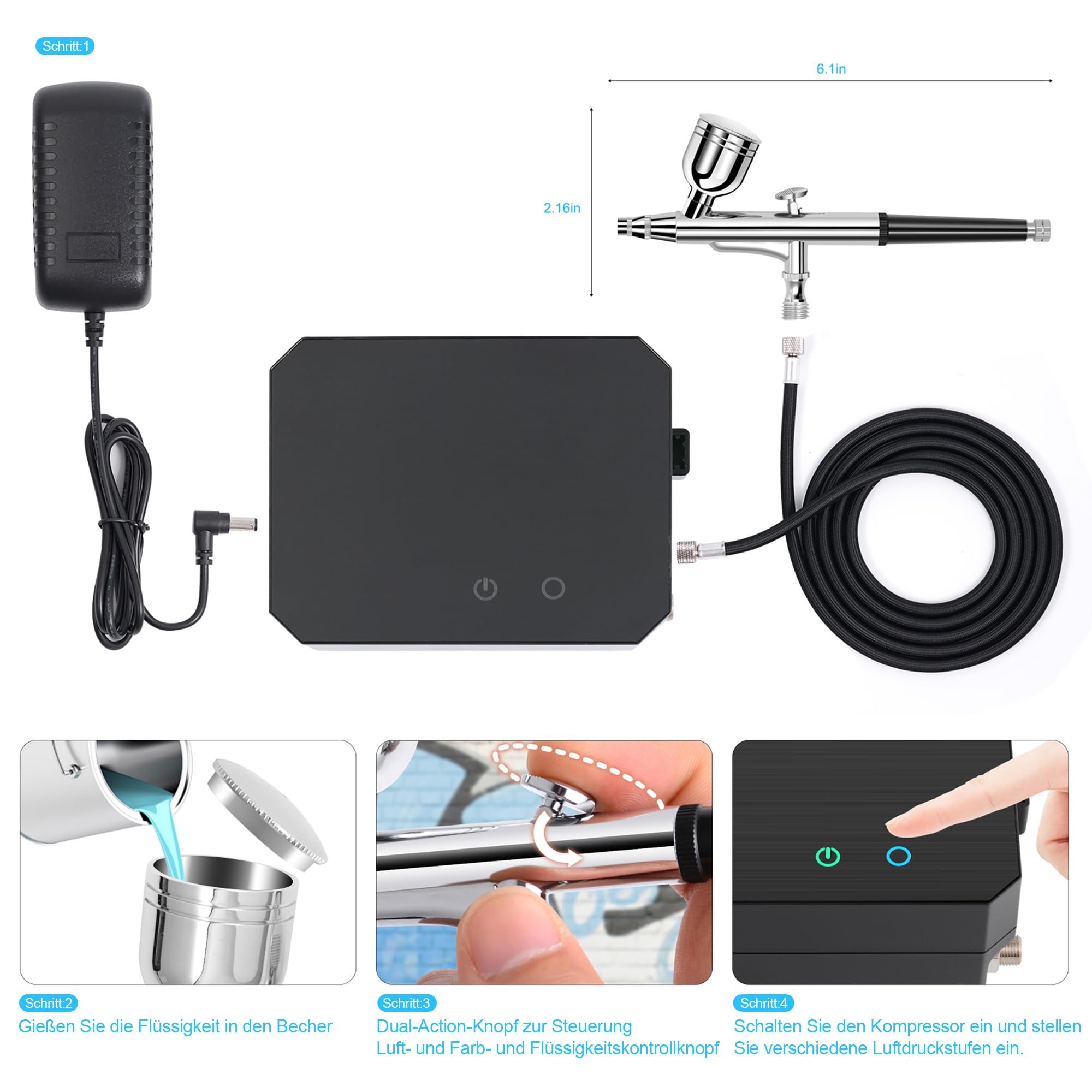 Airbrush Set Kompressor 40 PSI Dual Action 0,2/0,3/0,5 mm Düsen 15-teilig Tragbar Schwarz
