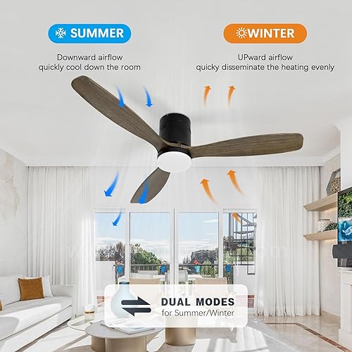 Miniatura 4 de Ventilador de techo silencioso de 52 pulgadas con motor de CC de luz LED, control remoto de gran volumen de aire, 3 aspas de madera marrón oscuro,