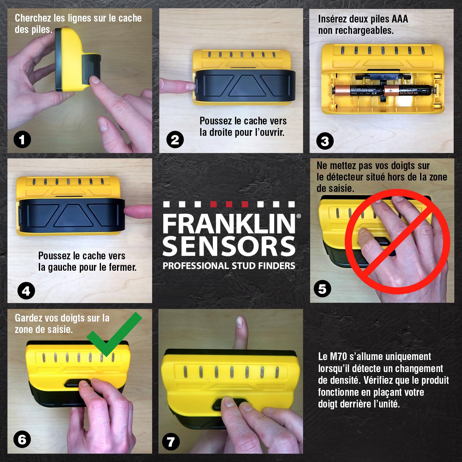 Franklin Sensors ProSensor M70 Détecteur de Montants Professionnel avec 7 capteurs pour Une précision maximale Détecte Les Clous en Bois et métal avec Une Vitesse Incroyable Jaune