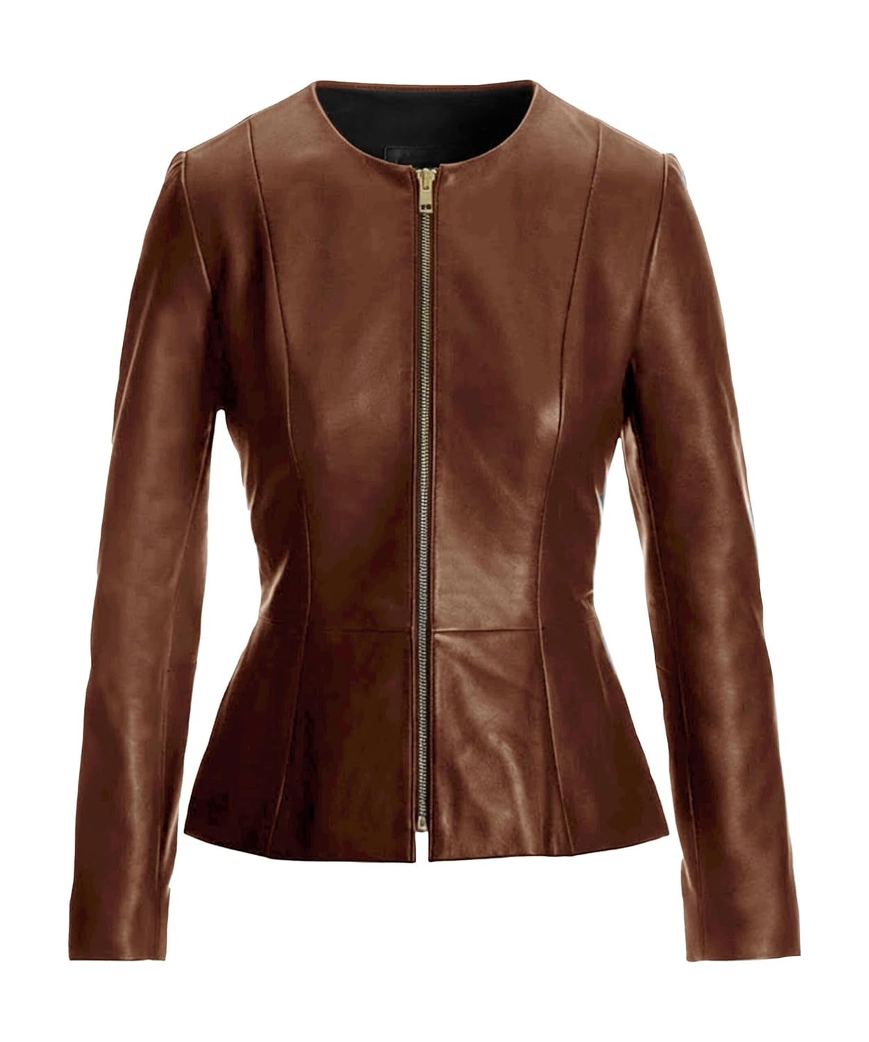 Womens Lambskin Leather Peplum Jacket - Drowned Collarless Style Genuine Leather Jackets for Women