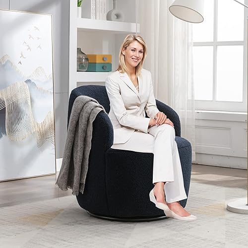 Miniatura 2 de HomVent Silla giratoria con tapizado de peluche, silla redonda con base de metal, sillón giratorio de 360 grados, sillón tapizado para ocio, sala de