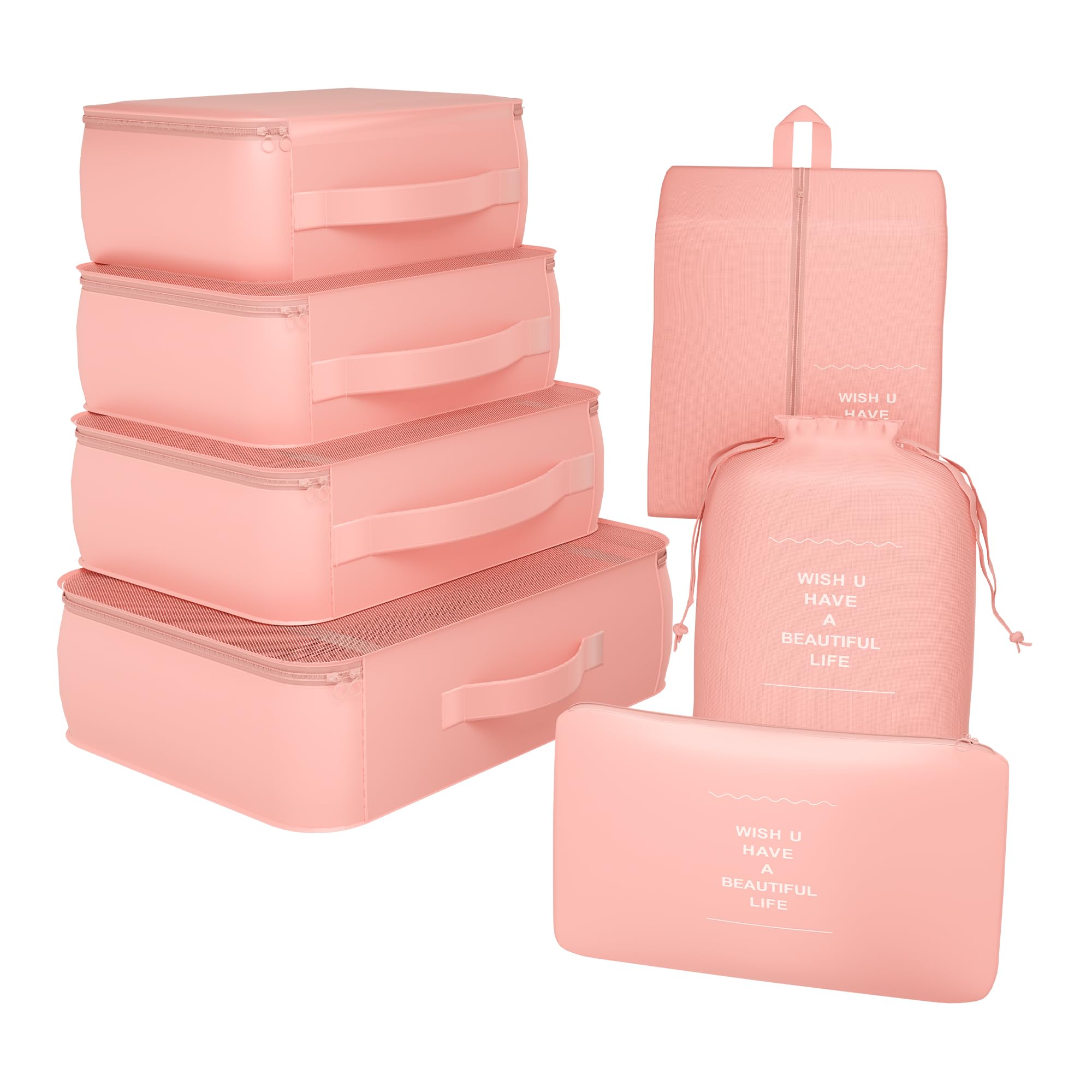 Pack of 7 Foldable Travel Pouches for Women & Men with Zip | Multi-Size Vanity Organiser Bags for Travel | Packing Cube Ideal for Clothes, Shoes & Toiletries | YJ-36-PNK | Pink-image-37