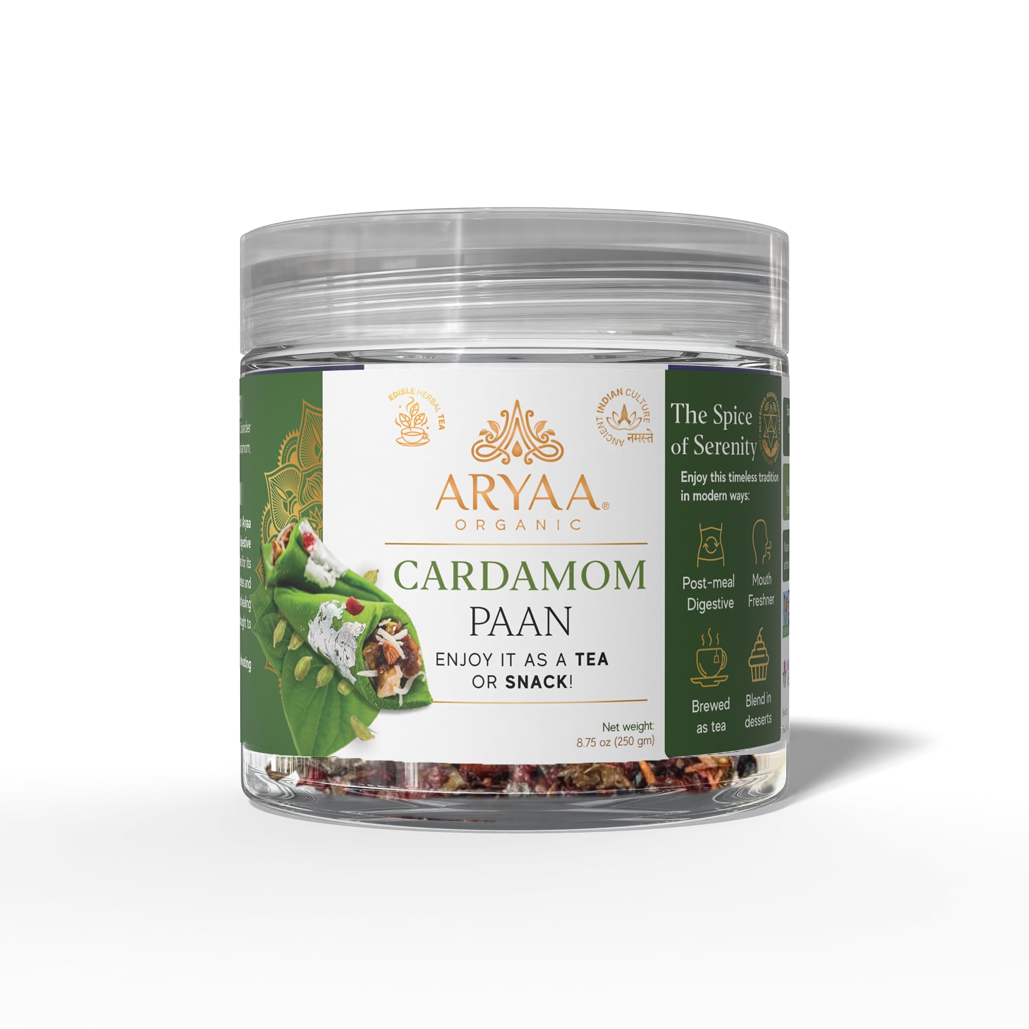 Aryaa Organic Cardamom Paan | 8.75oz (250g) | Ayurvedic Digestive, Mouth Freshener & Herbal Tea | Shredded l Vegan, Gluten-Free, Non-GMO