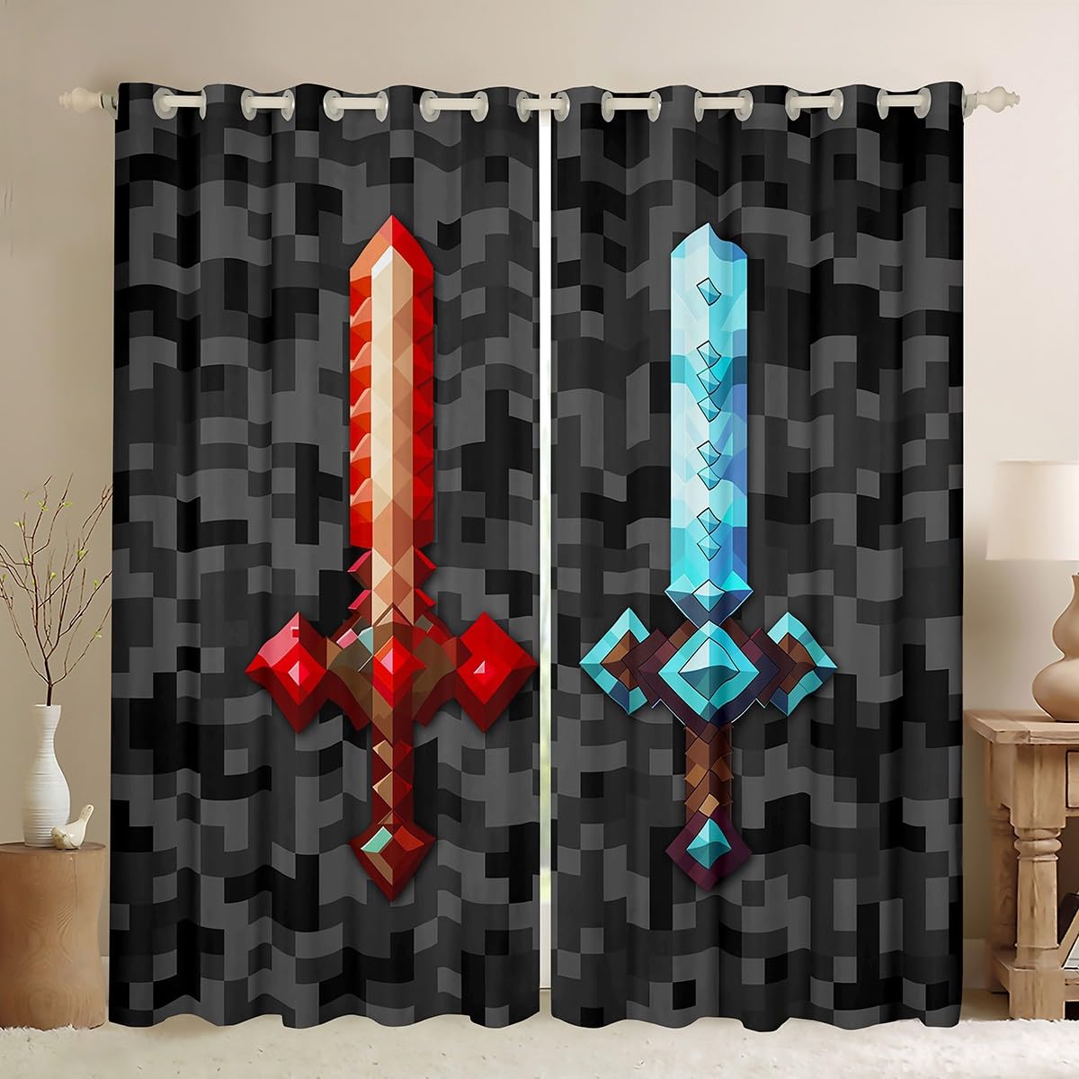Castle Fairy Red Blue Sword Bedroom Decor Curtains,Sandbox Building Games Window Curtain,Kids Teens Pixelated Style Swords Window Treatment Grey Black