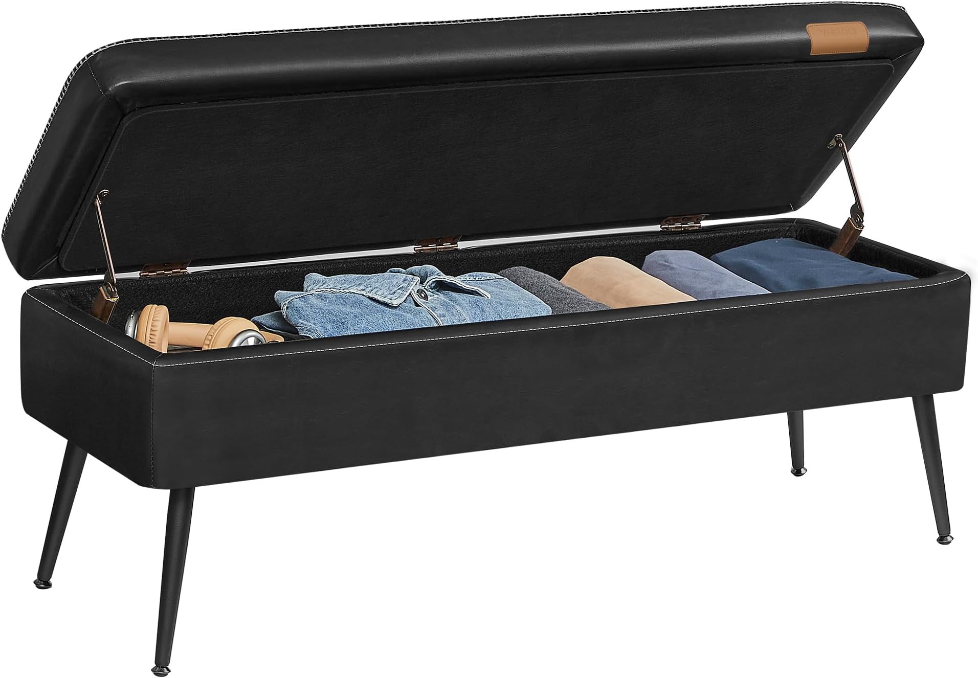 VASAGLE EKHO Collection - Storage Ottoman Bench, Entryway Bedroom Bench, 15 Gallons, Synthetic Leather with Stitching, Mid-Century Modern, Safety Hinges, Loads 660 lb, Ink Black ULOM074B01