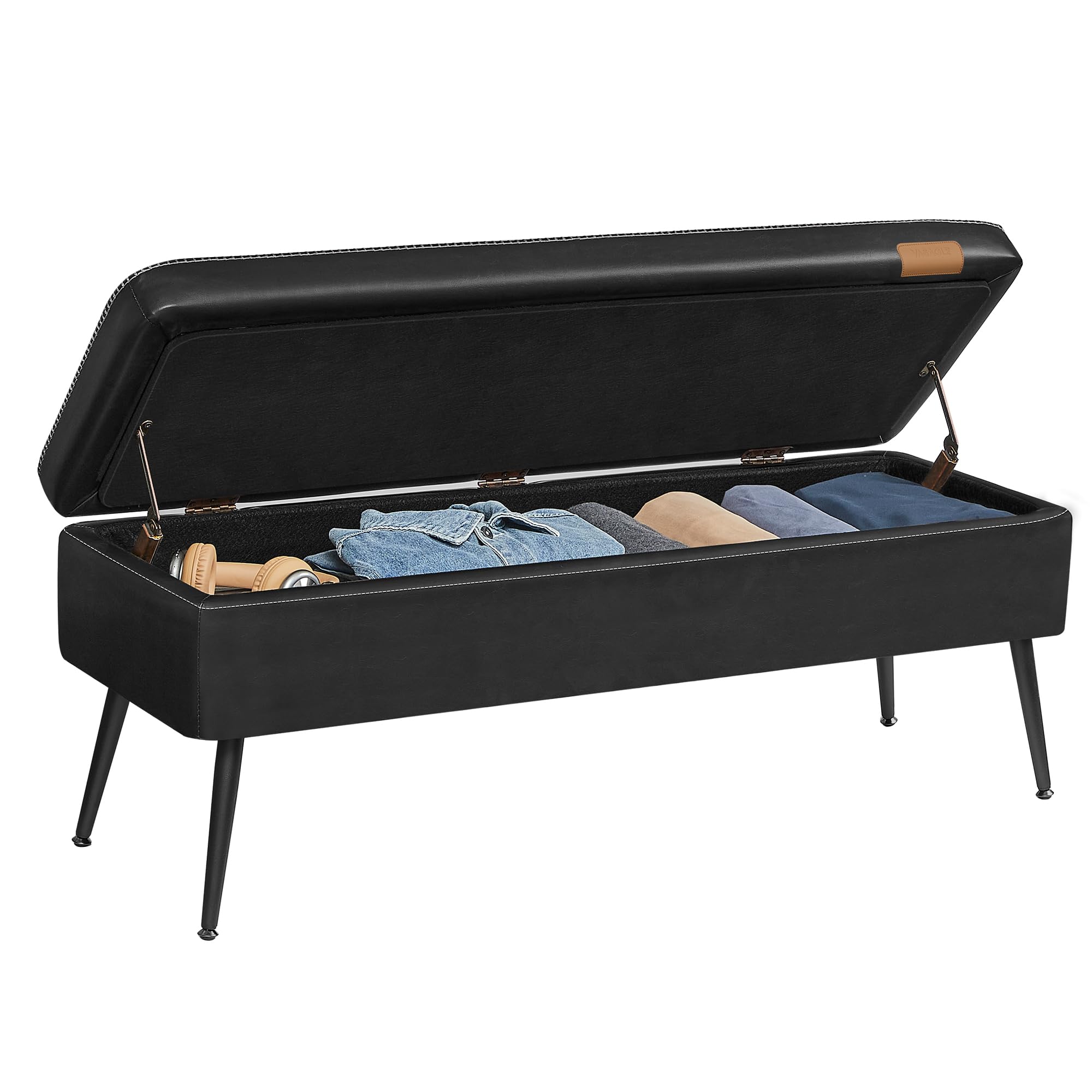 EKHO Collection - Storage Ottoman Bench, Entryway Bedroom Bench, 15 Gallons, Synthetic Leather with Stitching, Mid-Century Modern, Safety Hinges, Loads 660 lb, Ink Black ULOM074B01