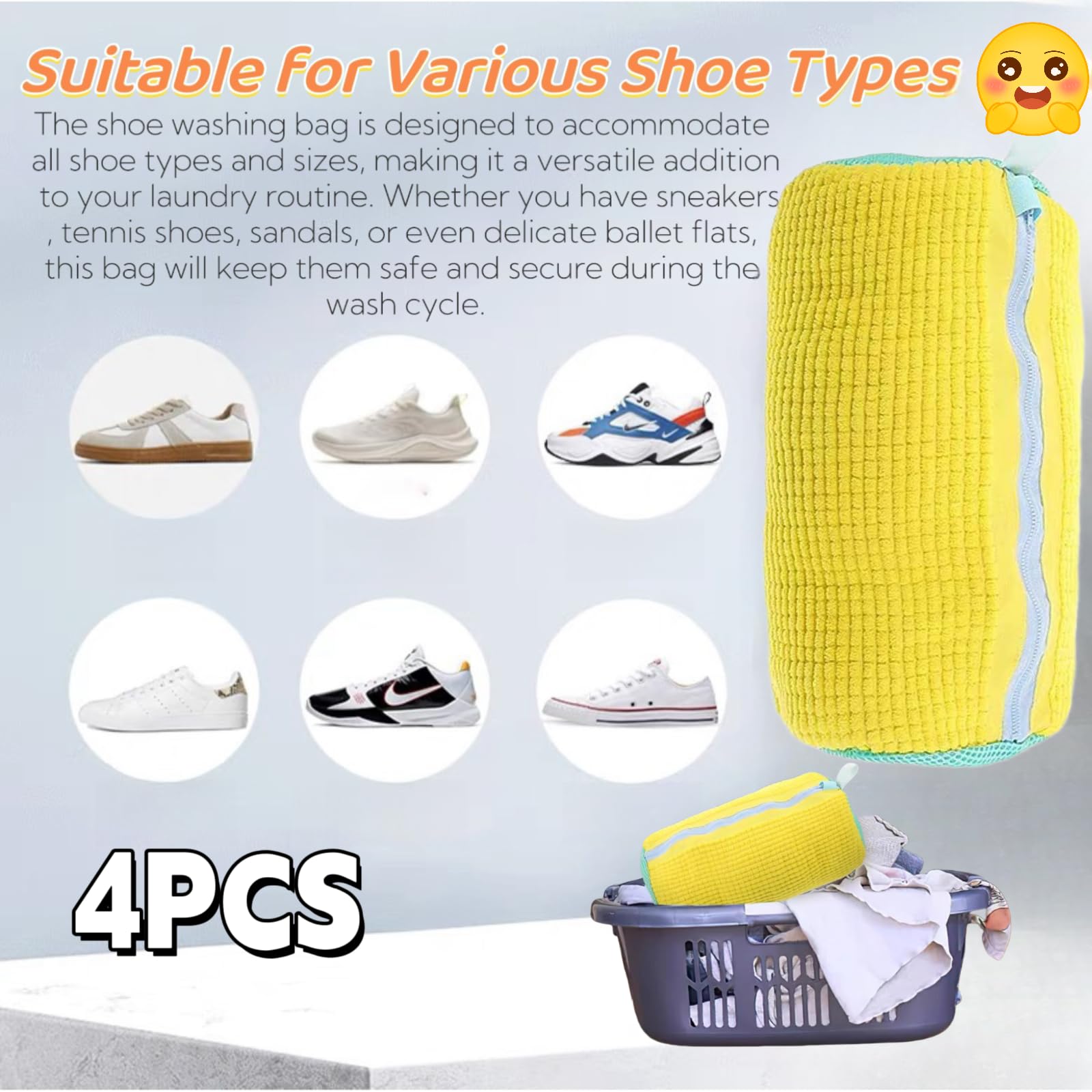4er-Pack XXL-Schuh-Waschmaschinentaschen, wiederverwendbare Schuh-Reinigungsbeutel, 360°-Tiefenreinigung für Turnschuhe, Tennisschuhe und Hausschuhe, Waschbeutel, perfekt für Reisen und Zuhause (Gelb