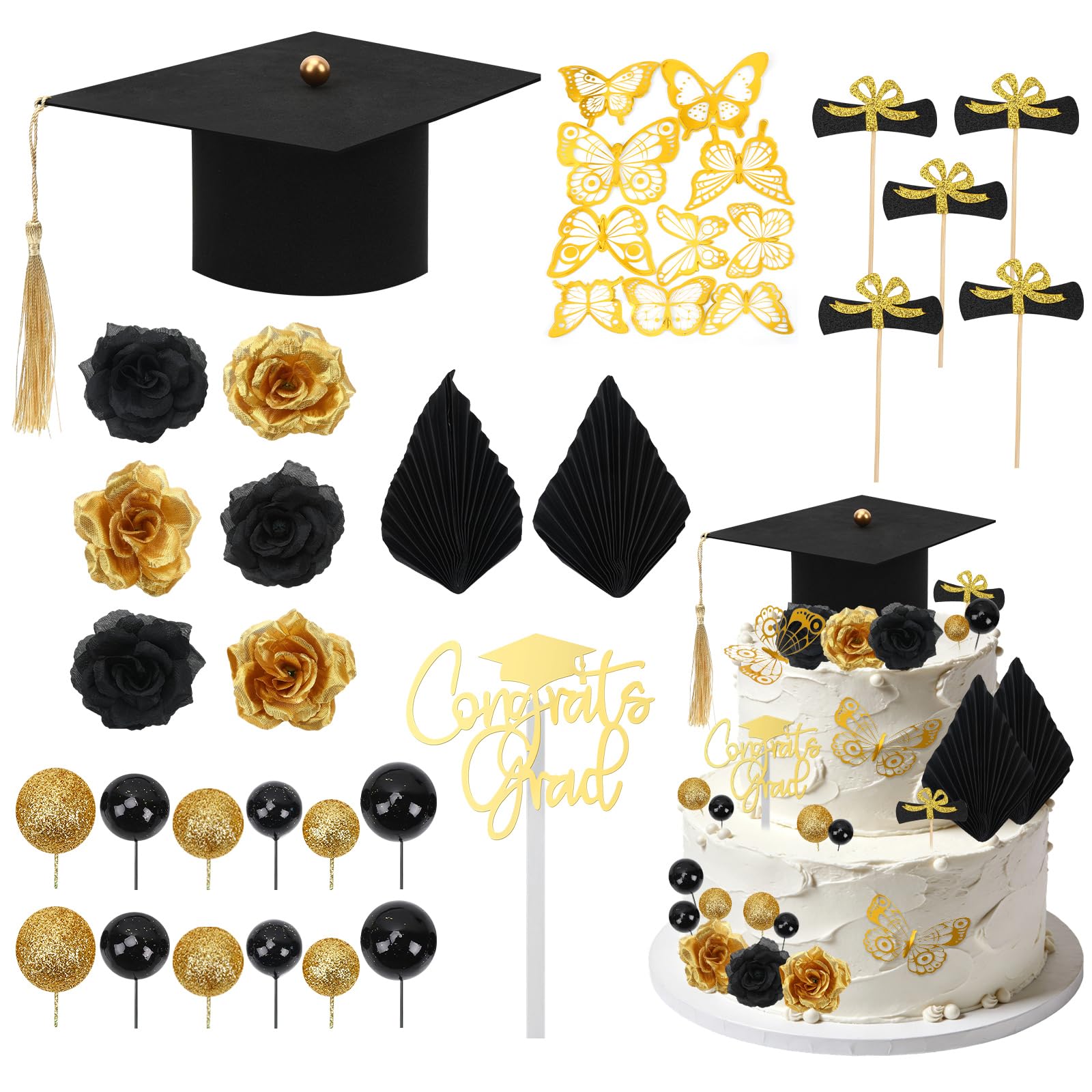 Photo 1 of SANNIX 35 Piece Graduation Cake Decorations Kit, Class of 2026 Cupcake Topper Graduation Cap Flower Butterfly Decor for Gradation Party Supplies