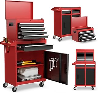 GiantexUK Tool Cabinet, 2 in 1 Lockable Metal Tool Chest with Removable Top Cabinet, Wheels, 5/6 Drawers, Pegboard & Hooks, Heavy-duty Rolling Tool Box Trolley (with Adjustable Shelf, Black+Red)