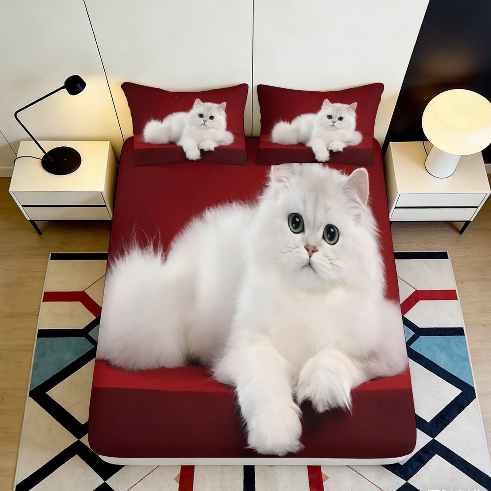 3D Printed White Persian Cat Fitted Sheet Microfiber Soft Red Bed Cover for Bedroom Guest Room Decor Mattress Protection 90x200x25cm