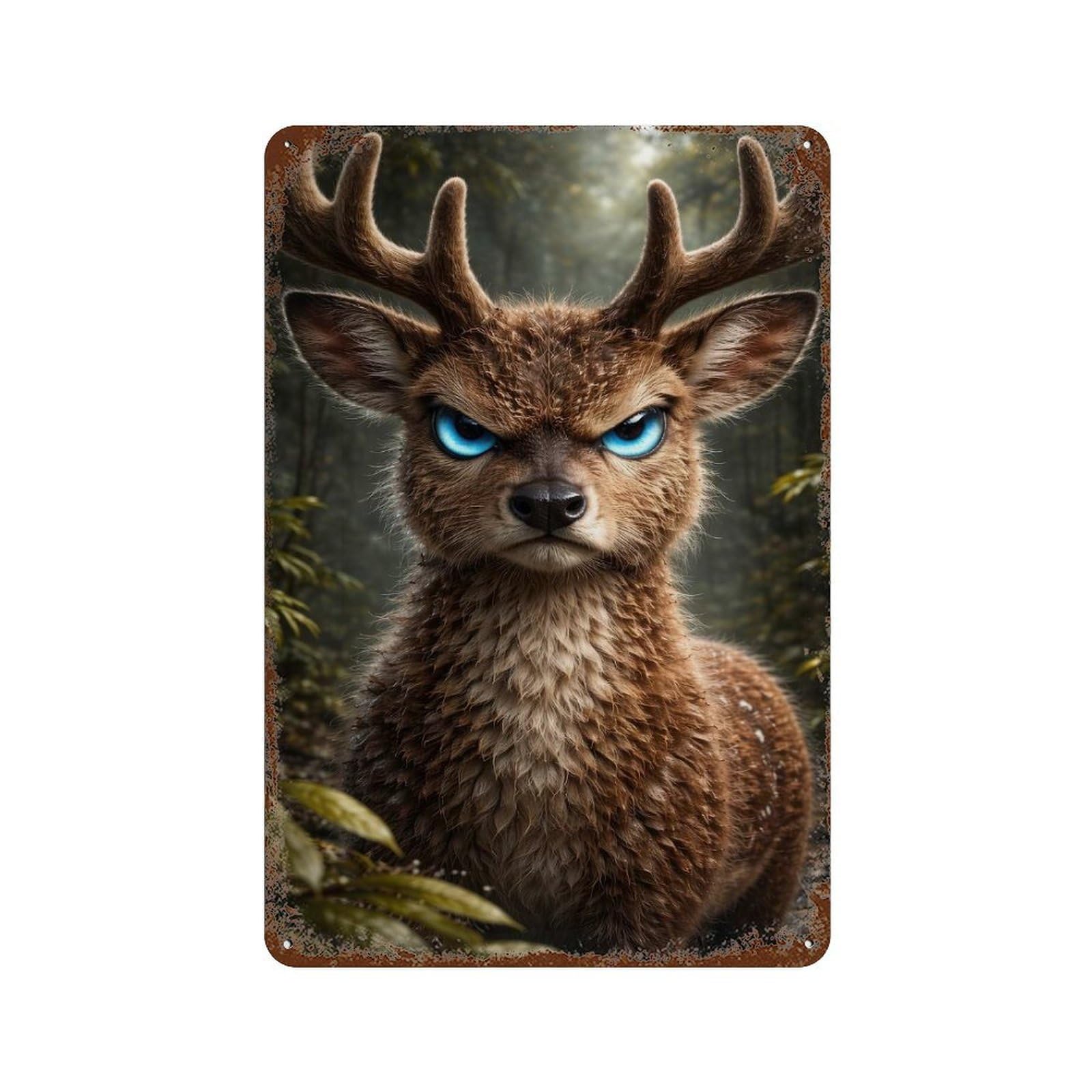 Angry Deer with Glowing Blue Eyes Weathered Tin Sign 11.8"x7.9", Industrial Home Decor for Basement, Hobby Room And Garage Decor