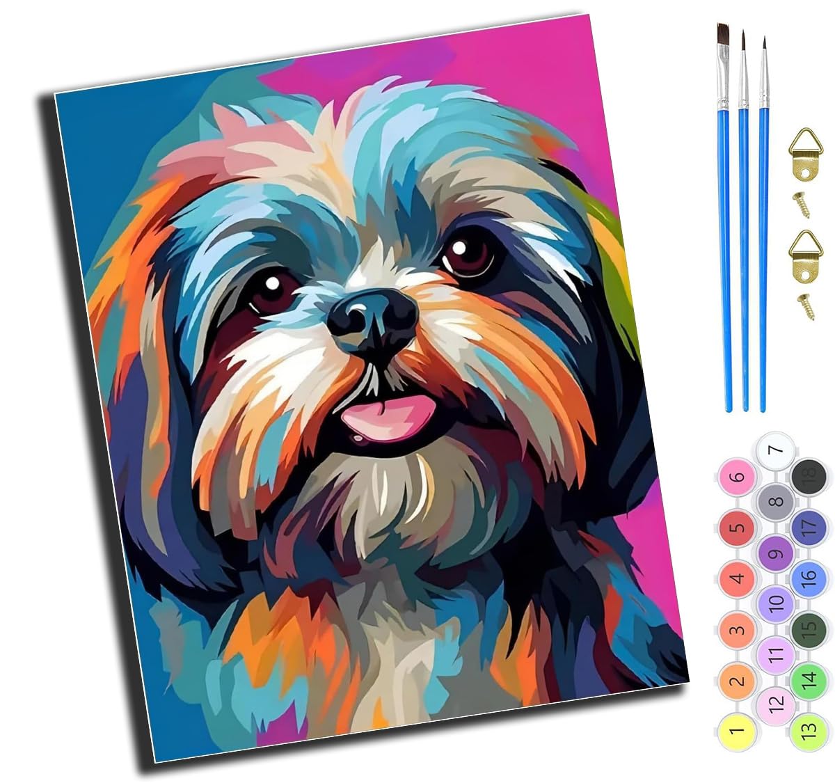 XIAOYOUQIAN Colored Pug Shih Tzu,DIY Hand Oil Painting,Paint by Numbers Kits for Adults Beginner,for Home Living Room Bedroom Decor,16X20Inch，with Frame