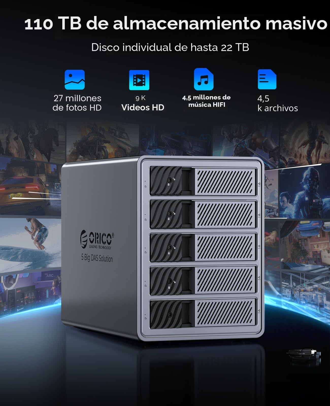 ORICO Caja de Aluminio para 5 Discos Duros de 3,5 Pulgadas hasta 5X 22TB, Fuente de Alimentación de 150W Integrada, con Ventilador, Compatible con MacOS y Windows (9858U3)