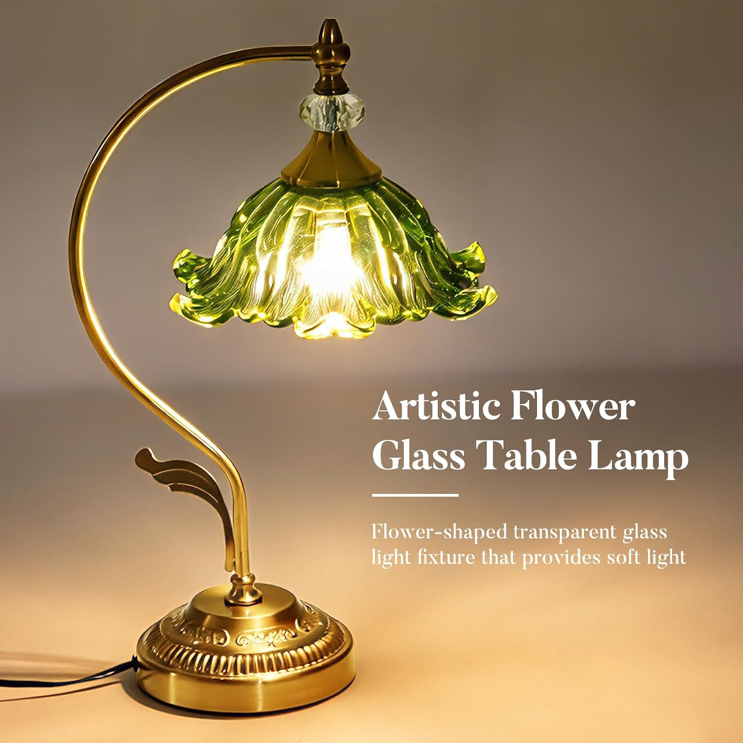 Vintage Floral Table Lamp, Plug in Mid-Century Modern Desk Lamp with Green Glass Shade, Gold Bedside Table Lamp Dimmable for Bedroom Living Room Home Office, E26 Base, UL Listed