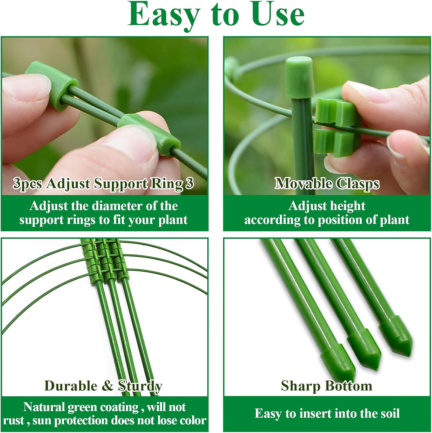 Legigo 4 Pack 18 Inch Plant Support Cages Tomato Cage for Garden- Small Plant Cages Adjustable Rings, Tomato Plant Support Stakes Trellis for Pots, Peppers, Cucumbers and Flowers with 10 Plant Clips image 4