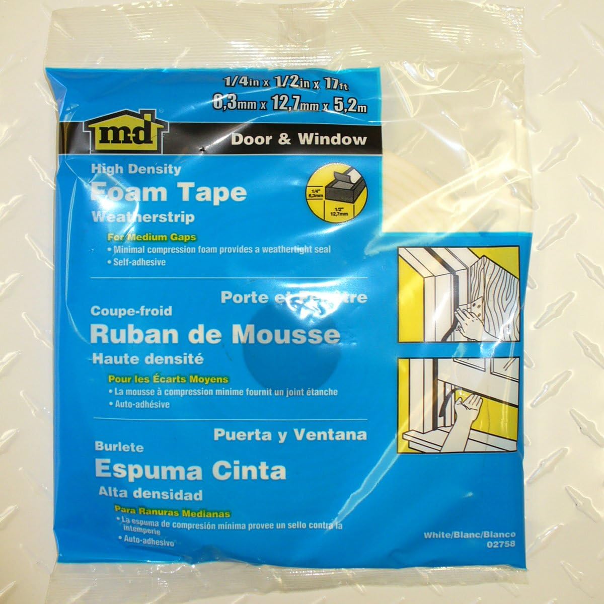 M-D Building Products 2758 M-D 0 Closed-Cell Weather-Strip, 1/2 in W X 17 Ft L X 1/4 in T, White - Masking Tape - 