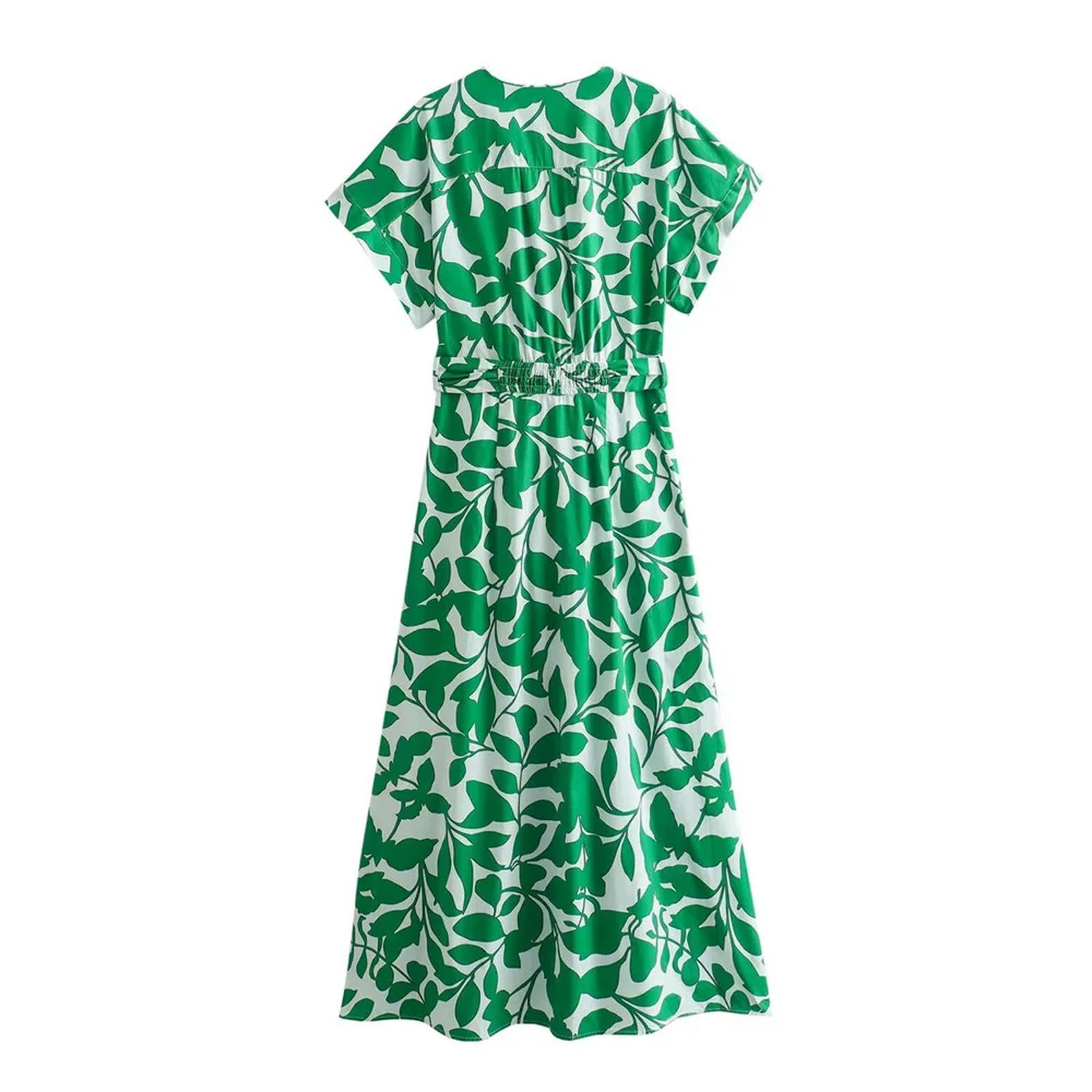 Primavera/Verano Nuevas Mujeres con Cuello en V Manga Corta Botón Decoración con Cinturón, Vestido Largo, Vestido Estampado-Verde-M