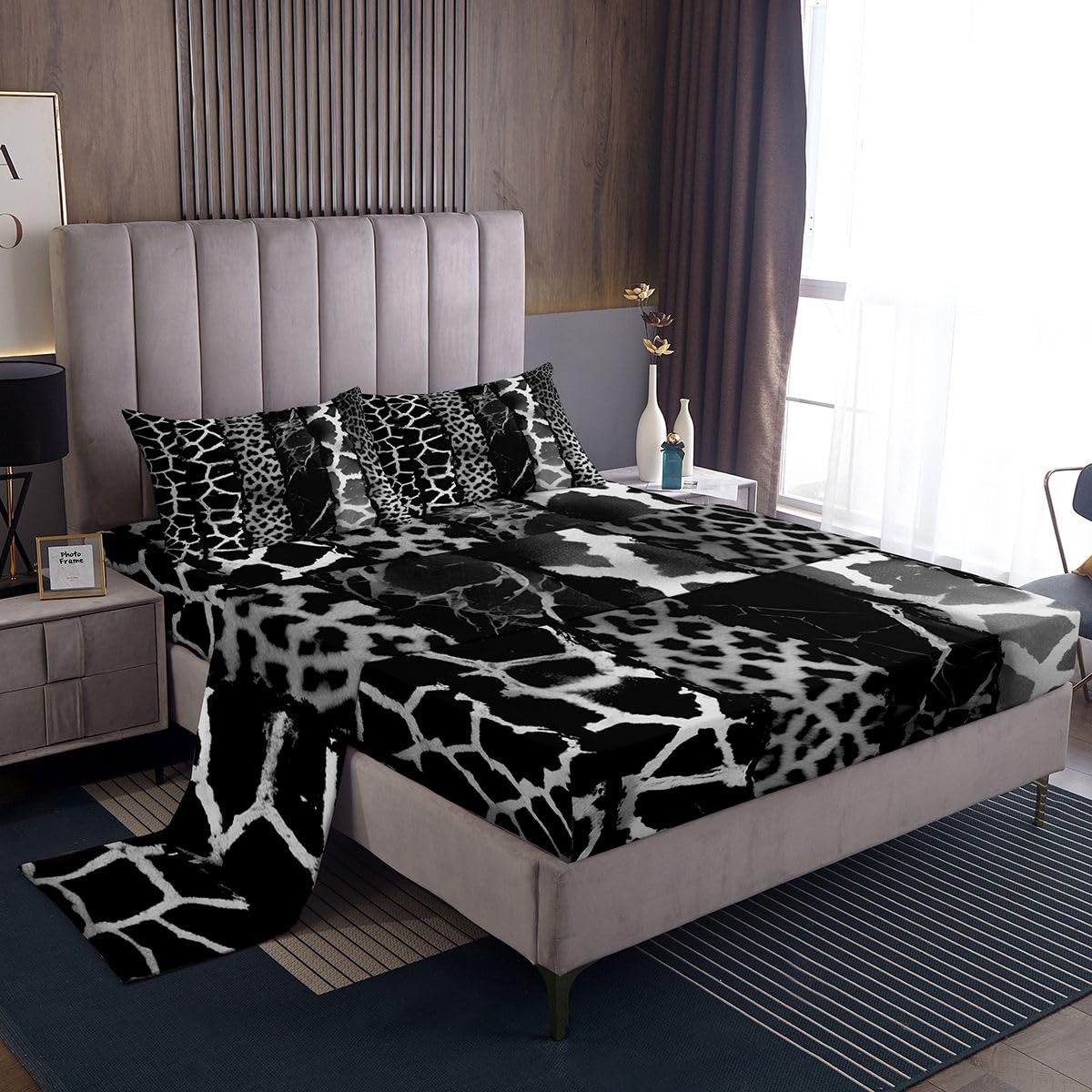 Loussiesd Juego de sábanas con estampado de leopardo, tamaño King, diseño de cebra y jirafa, sábana bajera ajustable con estampado de guepardo animal, juego de cama suave, 4 piezas con 2 fundas de