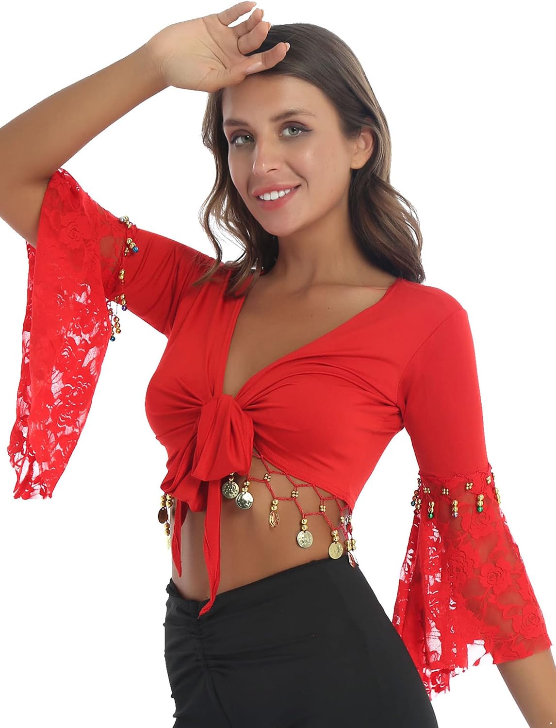 JanJean Women Shiny Bead Tassel Belly Dance Top Lace 3/4 Flared Sleeves Shawl Crop Tops Dancewear