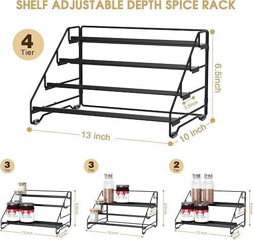 Miniatura 3 de Jolitac Organizador de especias de 4 niveles, estante ajustable de profundidad, estante de especias de metal, perfecto para almacenamiento de