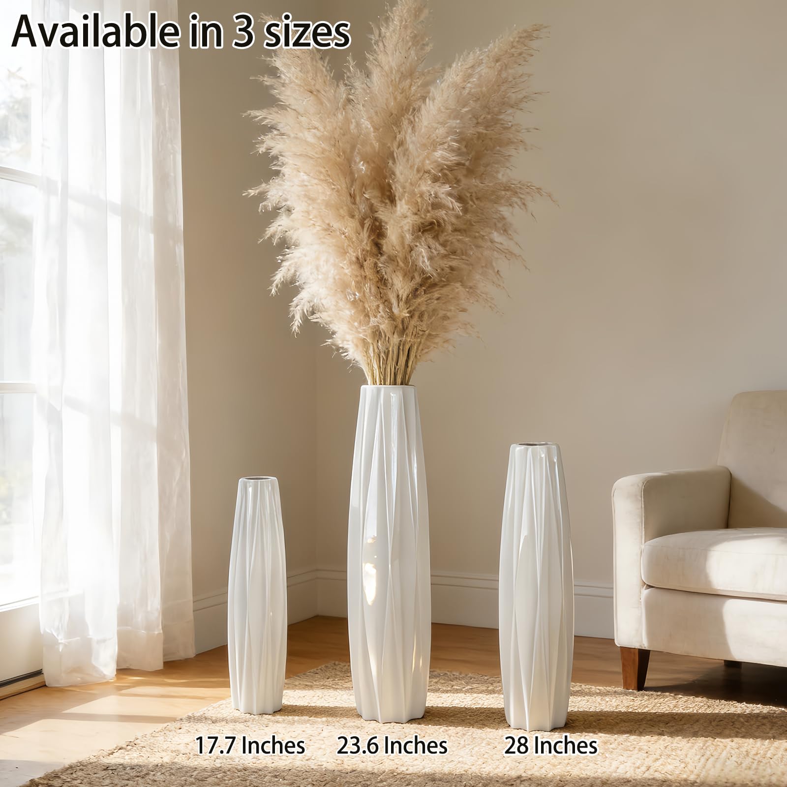 Moderne Weiße Keramik Bodenvase 71cm,Große Vase für Blumen, Stilvolle Dekoration für Wohnzimmer, Büro, Schlafzimmer, Minimalistisches Design