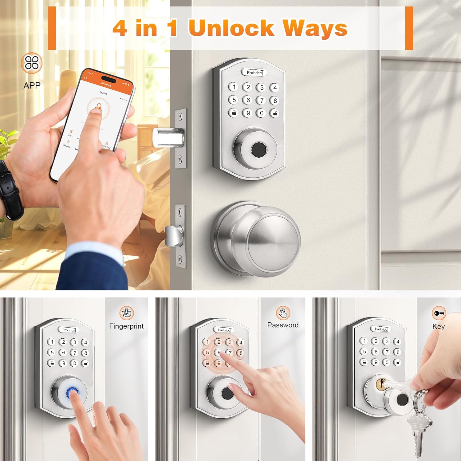 Probrico Smart Keyless Entry Door Lock with Knob Set, Fingerprint Digital Door Lock for Front Door, Door Knob with Electronic Keypad Deadbolt, Auto Lock, App, Black