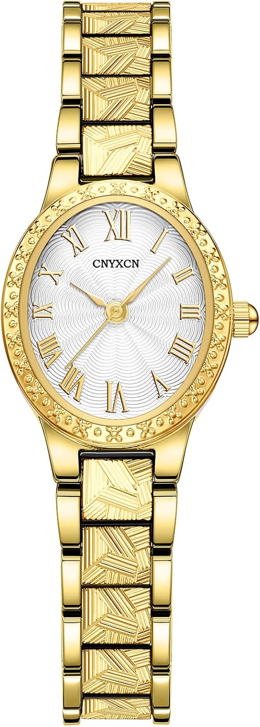 Vintage Gold Watches for Women with Oval Case,Roman Numeral Dial,Golden Tone Bracelet Strap,Water Resistant,Includes Tools