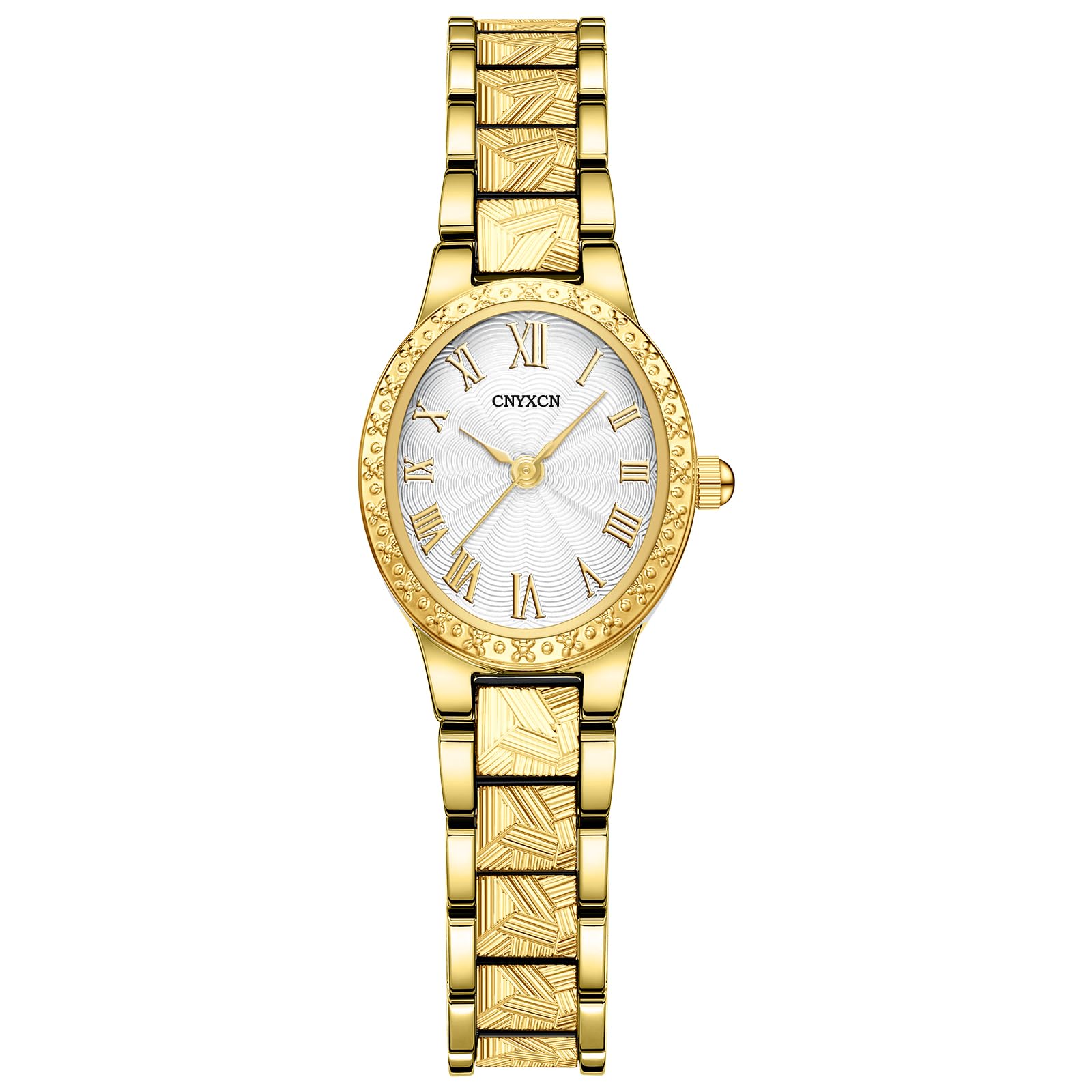 CNYXCN Relojes de oro vintage para mujer con caja ovalada, esfera de números romanos, correa de pulsera de tono dorado, resistente al agua, incluye herramientas, Oro