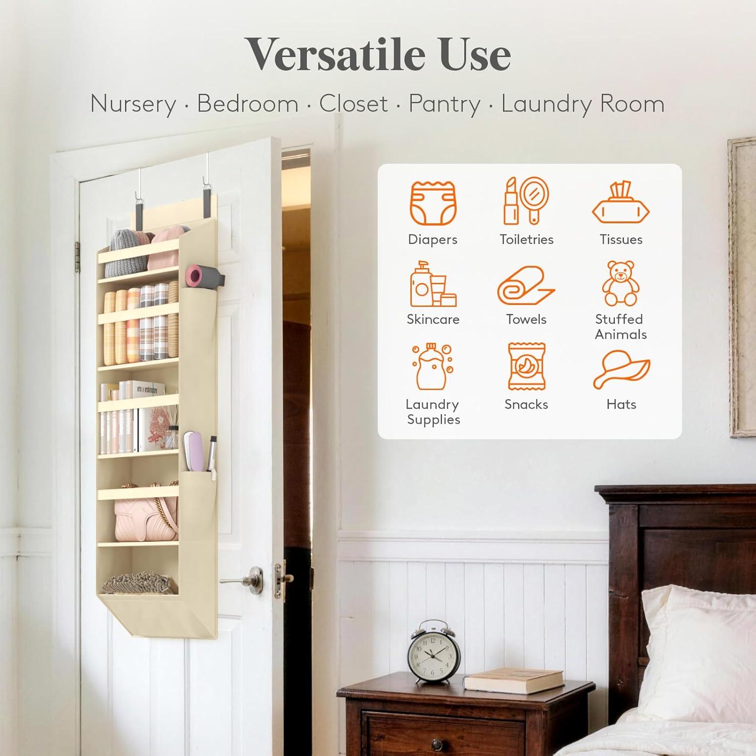 Lifewit Over the Door Storage, Clear Hanging Organiser with 4 Side Pockets, Anti Tilt 40 lbs Load Behind Door for Dorm, University Essentials, Room, Bedroom, Nursery, Beige, 5 Shelf, 1 Pack